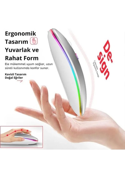 Polham Şarjlı Rgb Işıklı Çift Modlu Kablosuz Mouse, Laptop, Tablet, Telefon, Tv Uyumlu Mouse Süper Sessiz