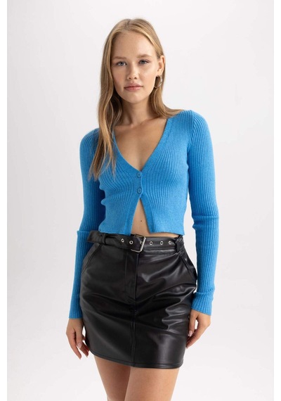 Defacto Coool Regular Fit Crop Düğmeli V Yaka Triko Hırka A2076AX23AUBE124 Mavi