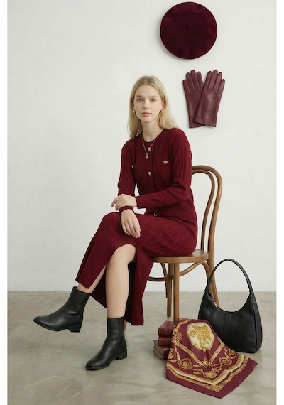 Sayzen Your Shine Selanik Örme Gold Düğmeli Kazak-etek Triko Takım Sy-2606 Bordo
