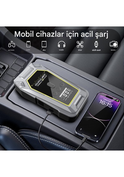 Şarjlı Taşınabilir 12.000 Mah Akü Takviye Cihazı Lastik Hava Kompresörü Powerbanklı Işıklı Çantalı