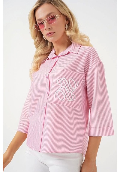 Defymoda Tek Cep Nakışlı Gömlek 20328 - Pembe Pembe
