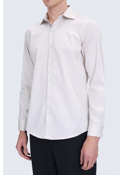 Hatemoğlu Ekru Slim Fit Açık İtalyan Yaka 100% Pamuk Uzun Kollu Spor Gömlek