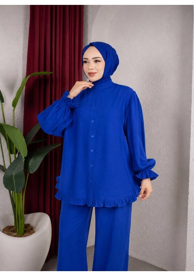 Hira Life Fashion Kadın Çilek Kumaş Dik Yaka Düğmeli Fırfır Detaylı Tesettür Tunik Pantolon İkili Takım Mavi Mavi Hira Life Fashion Kadın Çilek Kumaş Dik Yaka Düğmeli Fırfır Detaylı Tesettür Tunik Pantolon İkili Takım Mavi Mavi