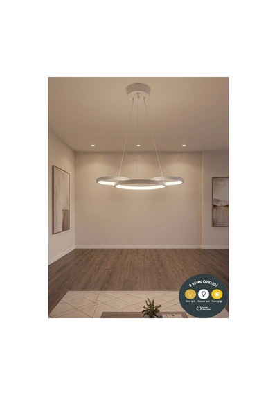 Trinty Beyaz Tasarım Led Avize - 3 Renk Modlu Salon, Yemek Masası Üstü Sarkıt Avize