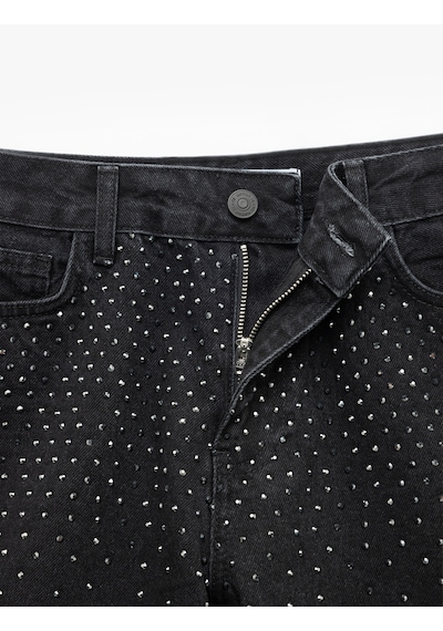 Koton Taş Detaylı Cepli Pamuklu Straight Fit Jean Kapri Şort Siyah 5sal40289md Siyah