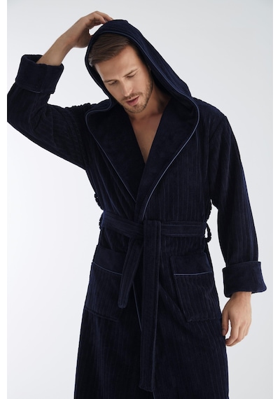 Yaka Fitilli Bambu Cotton Erkek Bornozu Lacivert
