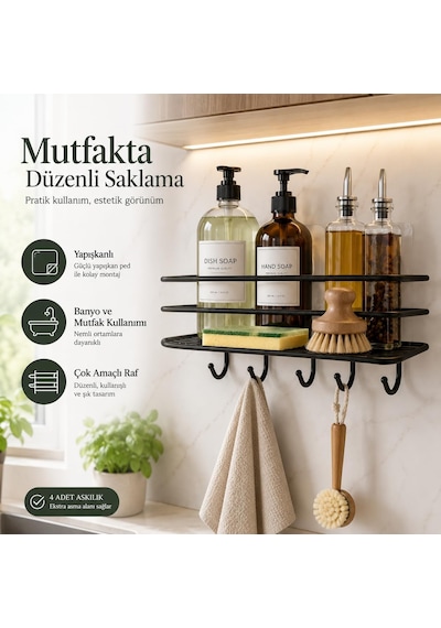 Siyah Yapışkanlı Banyo Ve Mutfak Rafı, 4 Kancalı Metal Duvar Rafı, Şampuanlık Ve Baharatlık Organizer, Delmeden Kolay Kurulumlu Çok Amaçlı Düzenleyici