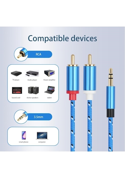 3.5mm - 2 Rca Ses Kablosu - Örgülü Aux / Cinch Stereo Ses Ve Dönüştürücü Kablosu