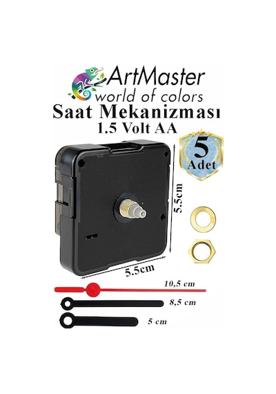 Duvar Saat Mekanizması 5 Adet 10 Mm Şaft Sessiz Saat Motoru Akrep Yelkovan Okul Deney Saat Yapım Seti Siyah