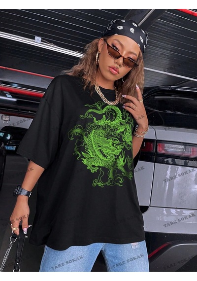Flood Of Style Unisex Bay Ejderha Baskılı Düşük Omuz Kısa Kollu Tişört Kod-1349 Siyah
