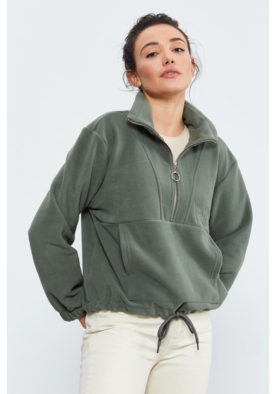 Tommy Life Çağla Yarım Fermuar Etek Ucu Büzgülü Kadın Polar Oversize Sweatshirt - 97171 Çağla