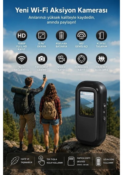 Premium Taşınabilir Aksesuar Hareketli Giyilebilir Aksiyon Kamerası Cmr27 Siyah 1080p