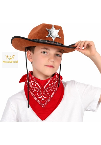 Çocuk Kovboy Şapka Rozetli Kahverengi & Kırmızı Bandana Seti