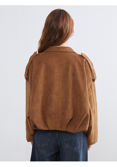 Lcw Vision Kahverengi Gömlek Yaka Oversize Kadın Süet Görünümlü Ceket Xl-2xl