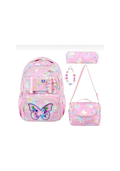Miço Kids Kelebek Desenli Kız Çocuk 3'lü Okul Çanta Seti Pembe