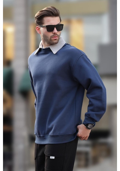 Madmext Lacivert Polo Yaka Erkek Sweatshirt 7086 Lacivert