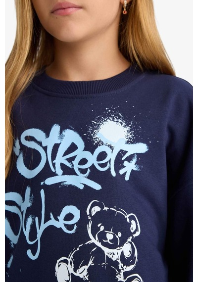 Defacto Kız Çocuk Oversize Geniş Kalıp Bisiklet Yaka Baskılı Sweatshirt E6755a825aunv241 Lacivert