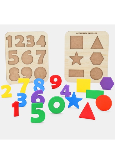 2'li Set Montessori Eğitici Ahşap Sayılar Ve Geometrik Şekiller Bultak Puzzle 20x17 Cm 1 Adet