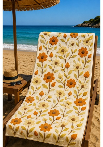 Plaj Havlusu Ss-26 Koleksiyonu Premium Özel Tasarım Hızlı Kuruyan Mikrofiber Havlu 75x150 Cm Ekru