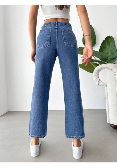Yüksek Bel Koyu Yıkamalı Kadın Denim Pantolon Mavi