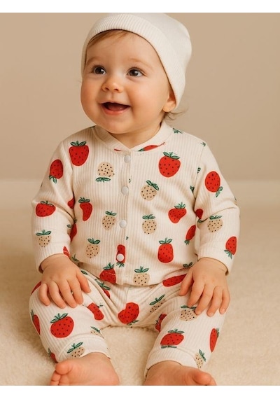 Zekids Kız Bebek Pamuku Çilek Desenli Pijama Takımı-16296 Çok Renkli