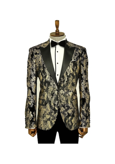 Wessi Dik Yaka Slim Fit Altın Desenli Siyah Erkek Balo Ceketi - Wessi Siyah
