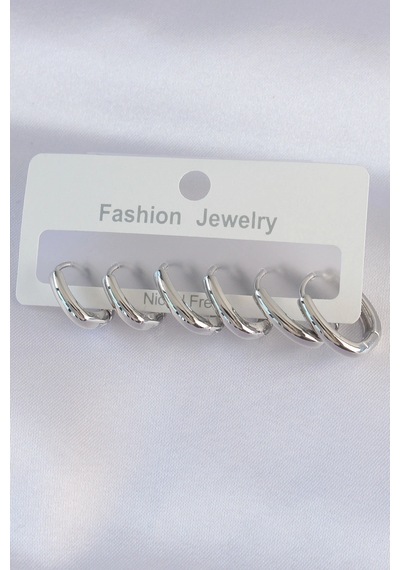 Buğz Pirinç Gümüş Renk Oval Küpe Seti Diğer 09436483