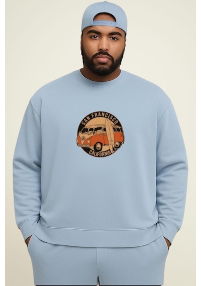 Benroma 3 İplik Penye Wos Wos Baskılı Büyük Beden Unisex Sweatshırt Bebe Mavisi