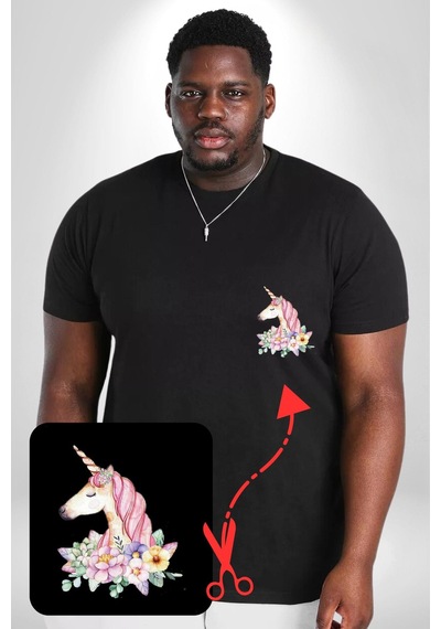 Angemiel Unicorn Çiçek Siyah Büyük Beden Kadın Basic Minimal Baskılı Tişört Siyah