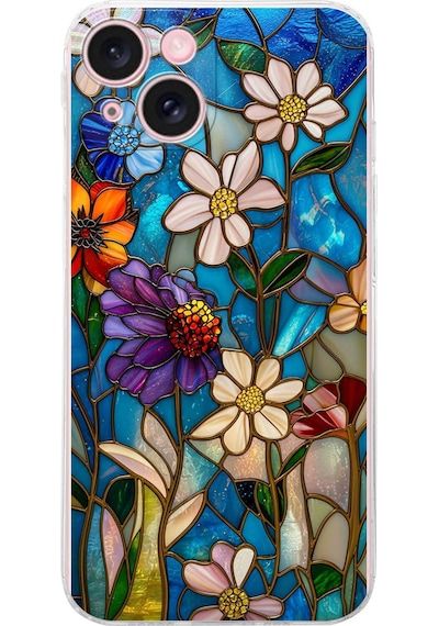 Printify Apple Uyumlu iPhone 15 Plus İle  Vitray Mavi Bahar Tasarımlı Şeffaf Silikon Kılıf Şeffaf