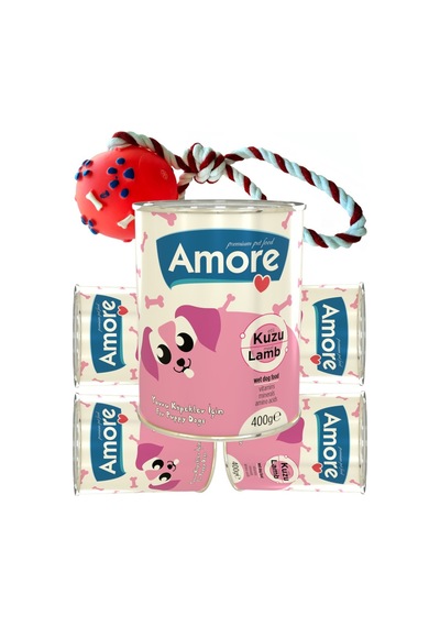Amore Kuzu Etli Yavru Köpek Konserve 5 x 400 G + Fırlatılacak İpli Top