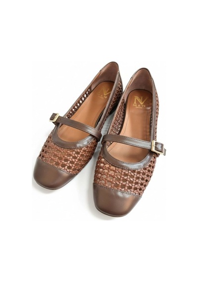 Ne&ve Shoes Kahve Deri Biye Örgü Detaylı Tokalı Kadın Babet Kahverengi