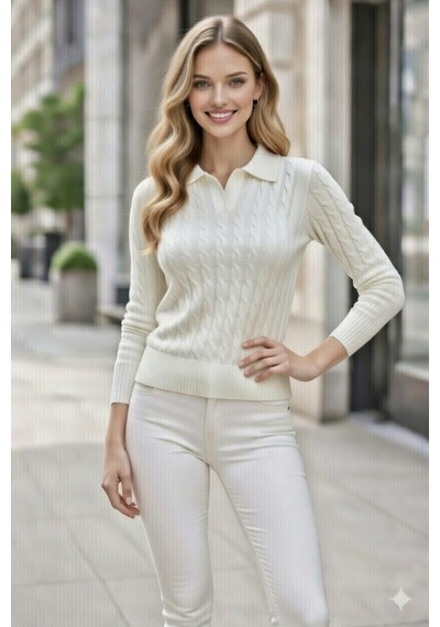 Youknitwear You Riviera %100 Pamuk Polo Yaka Kadın Kazak Beyaz