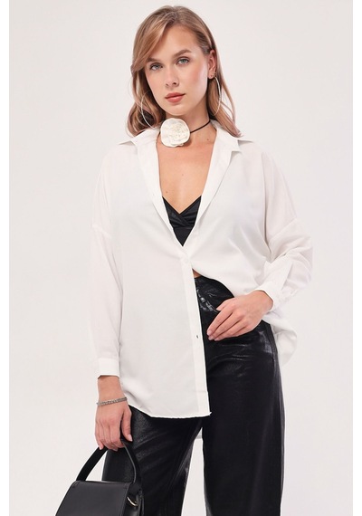 Armonika Kadın Ekru Oversize Uzun Basic Gömlek Arm-22y001118