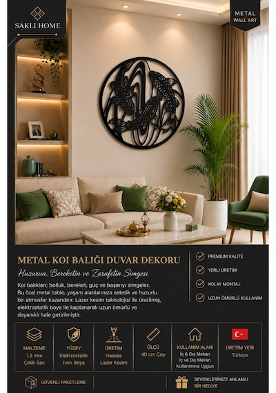 Japon Balığı Metal Duvar Tablosu 40 Cm Koi Balığı Lazer Kesim Metal Duvar Dekoru 1.5 Mm Çelik Sac Elektrostatik Boyalı İç Ve Dış Mekân Siyah