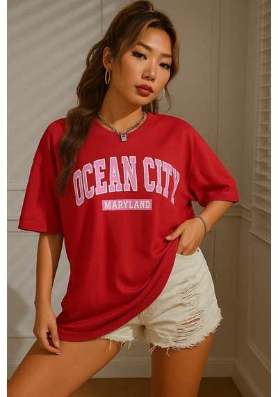 Ocean Cıty Baskılı Oversize Unisex Tişört Kirmizi