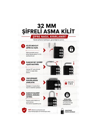 Premium 32 Mm Şifreli Asma Kilit 3 Haneli Kombinasyonlu Anahtarsız Güvenlik Kilidi Valiz Dolap Çanta