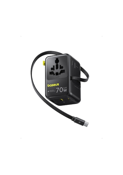 Baseus Enercore Cg11 Super Hızlı Universal Seyahat Adaptörü Çekmeli Kablolu 2ac+2u+2c 70w Siyah