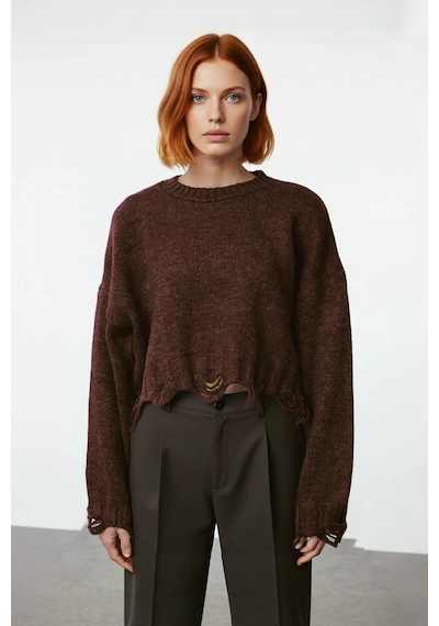 Ersefa Kadın Casual Crop Oversize Bisiklet Yaka Triko Kazak Düşük Kol Ak kahverengi
