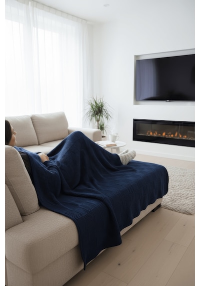 Yumuşak Örgü Battaniye Karo 130x170 Cm İndigo Tek Kişilik Tv Battaniyesi Dekoratif Ve Hafif Indigo