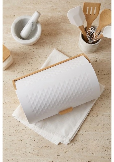 Bambu Gövdeli Beyaz Pane Ekmek Dolabı 38x25x18.5 Cm - Mekanizmalı Metal Kapaklı Ekmeklik