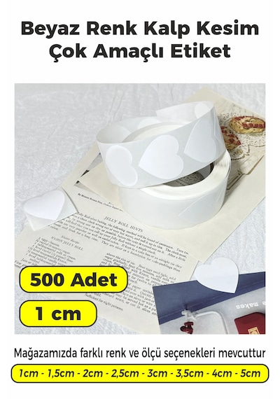 Beyaz Renk Kalp Kesim Sticker Etiket 1cm - 500 Adet Beyaz