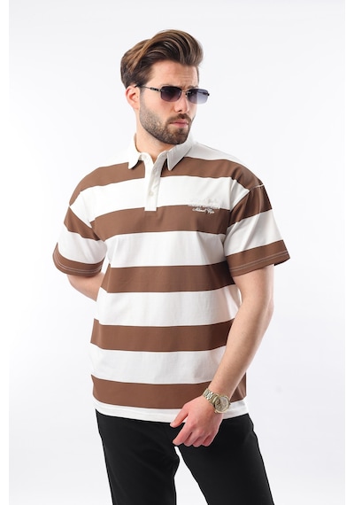 Madmext Kahverengi Oversize Renk Bloklu Polo Yaka Tişört E7120 Kahverengi