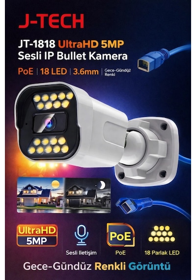 J-tech 5mp Sesli 1818 İp Renkli Gece Görüşlü 8 Li 500gb Akıllı Güvenlik Kamera Seti Yüz Ve Araç Ta