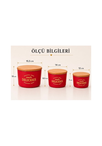 3 Lü Kapaklı Retro Dizayn Saklama Kabı Seti, Bambu Kapaklı, Mika Erzak Saklama Kabı, Bpa, Silikon Contalı Saklama Kutusu Kırmızı