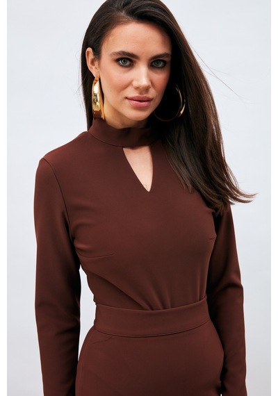 Sateen Sırt Detaylı Bodysuit Bluz - Kahve