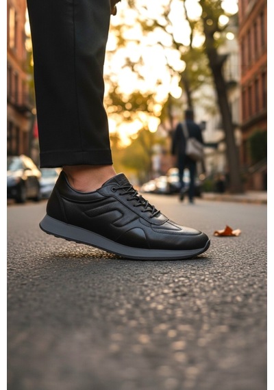 Enoch Hakiki Deri Siyah Detaylı Erkek Sneaker Ortopedik Taban Siyah