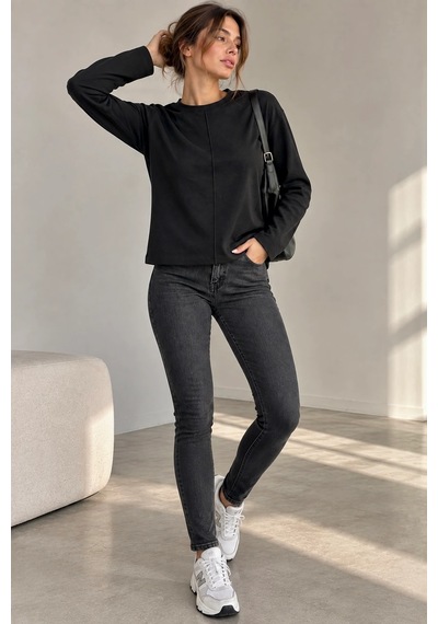 Bb Butik Basic Ön Dikiş Detaylı Basic Sweatshirt Günlük Rahat Kesim My3535 siyah