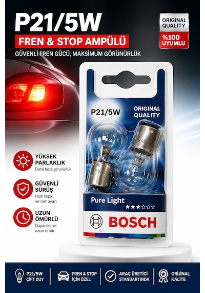 Bosch P21/5w Fren Stop Sinyal Ampulü 12v Bay15d Çift Flamanlı  Pure Light 2 Adet Yüksek Görünürlük