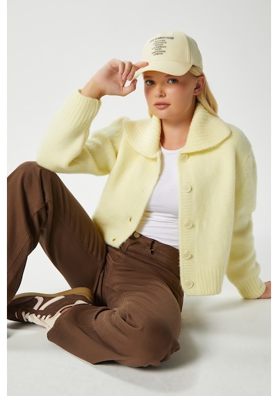 Ritnice Kadın Lean Yumuşak Doku Polo Yaka Sarı Basic Triko Hırka Hı00179 Sarı
